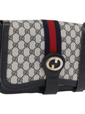 GUCCI GG Supreme Sherry Line Shoulder Bag PVC Navy Gold Auth ka2109